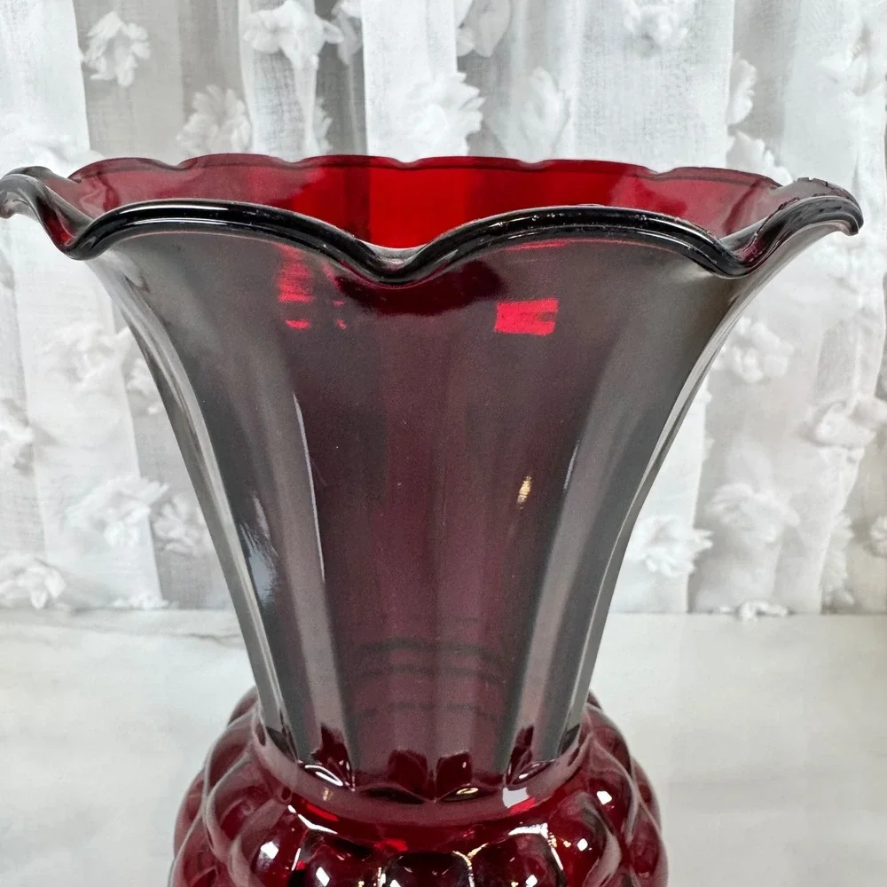 Vintage Anchor Hocking Ruby Red Pineapple Flared Bubble‎ Vase 8.75
